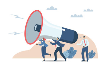 Building relationships with customers, Business media support, Public relations to communicate company information, Business team people helping to communicate with customers using big megaphone.