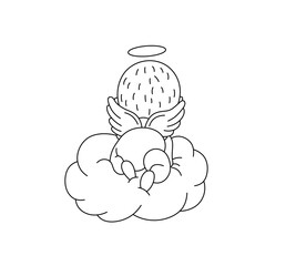 Vector isolated cute baby angel on a cloud back view angel ass colorless black and white contour line easy drawing