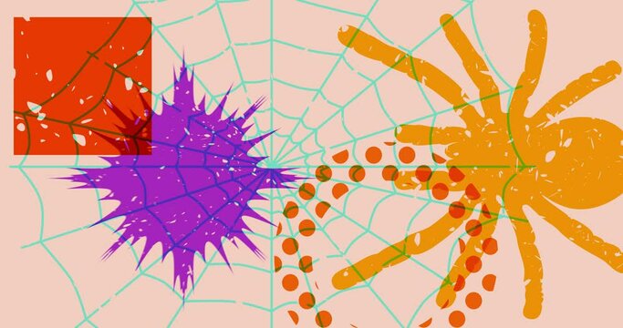 Spider Halloween risograph style video with geometric shapes. Moving object in trendy riso graph design animation.