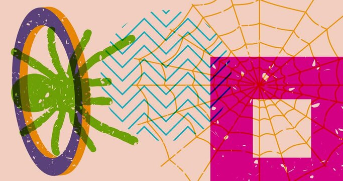 Spider Halloween risograph style video with geometric shapes. Moving object in trendy riso graph design animation.
