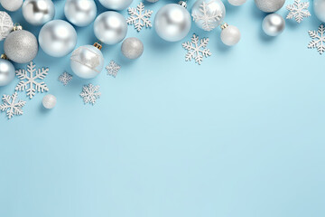 Blue christmas background with snowflakes, Xmas decorations and christmas balls