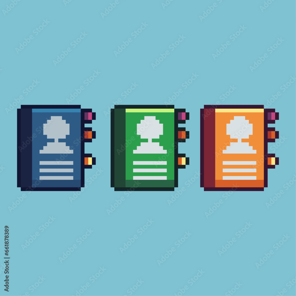 Poster pixel art sets of profile book with variation color item asset. simple bits of profile book on pixel