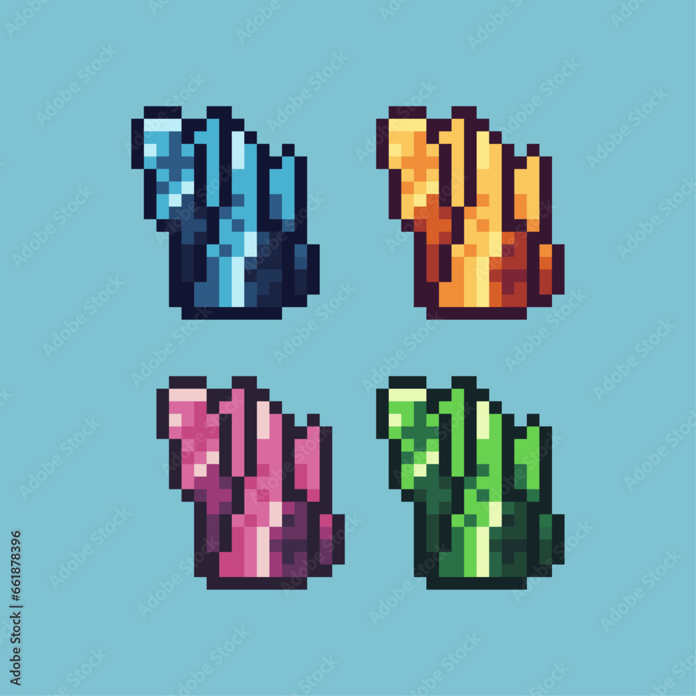 Poster pixel art sets of crystal loot with variation color item asset. simple bits of crystal on pixelated 