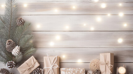 Gift Box with Pine Cones and Lights, Festive Background, AI Generated