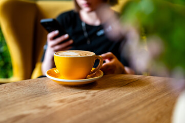 young woman's hands holding mobile smart phone sitting in cafe with cup of cappuccino coffee