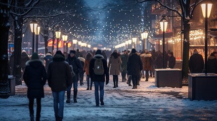 Obraz premium City street at winter snowy night with people walking