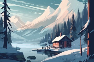 Illustration of a cabin by a mountain lake in a snowy winter landscape. Generative AI - obrazy, fototapety, plakaty