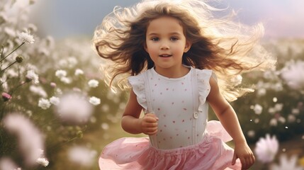 Small little girl in pink dress running in field full of white flowers - Powered by Adobe