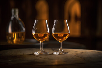 Glasses of cognac on the table in the cellar of traditional winery.