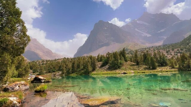 The Alaudin (Chapdara) lakes, lying at an altitude of 2800 m, are considered one of the most beautiful lakes of the Fan Mountains. Turquoise mountain lake. Pamiro-Alai. Tajikistan, Pamir 4K