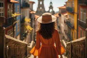 Obraz premium casual relax female traveller walk sight seeing daytour in europe famous beautiful old town with historic architecture famous landmark travel concept