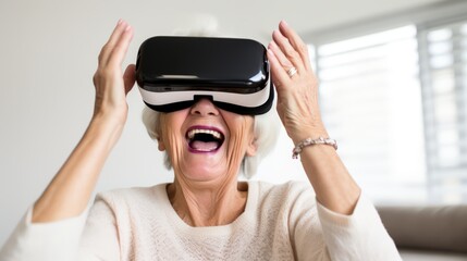 cheerful enjoy wonderful experience mature adult old senior woman wear vr vitual headset goggle while explore digital virtual world fun enjoy technology of visual in living room at home