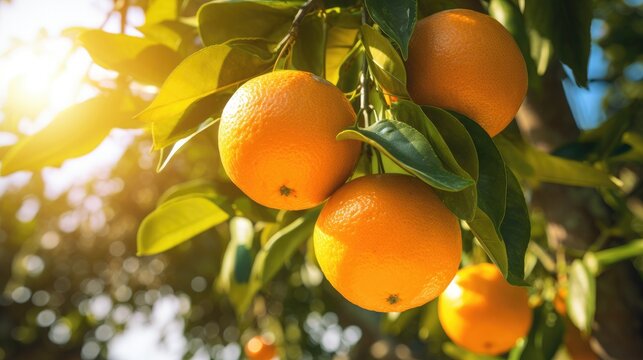 Some oranges are growing on trees on sunny day