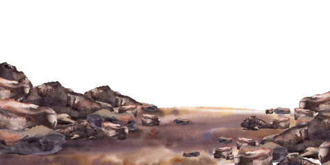 Sandy sea shore with stones. Ocean beach. Maritime banner Watercolor illustration hand drawn isolated on white background. Landscape detail for your design card, flyer, poster, travel booklet, print