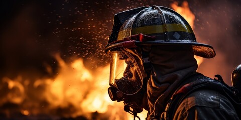 face closeup portrait shot of focus concentrate firefighter reaching into burning building
