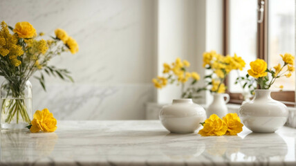 Empty space on a luxury white marble table with yellow flowers near a window, natural light, space for text and for montage product display