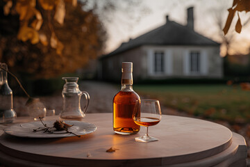 Obraz na płótnie Canvas Cognac in the bottle and glass on the table outdoors on background of winery yard