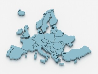 3D rendered map of Europe with bright blue colors