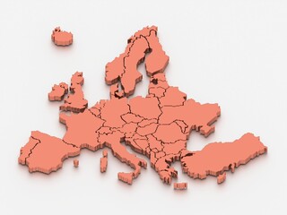 3D rendered map of Europe with bright red colors