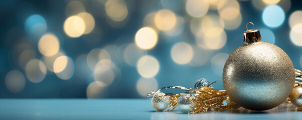 Fototapeta premium Christmas ball. Blue and Gold Christmas Ornament with Bokeh Lights AI Generated