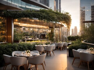 Modern Restaurant Amidst Skyscrapers: Sleek Glass and Chrome Design with Cascading Greenery and Serene Rooftop Garden Ambiance