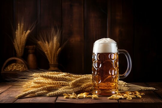 Beer mug with wheat, barley, and barrels in the background. Still life. Copy space. Generative AI