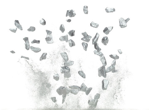 Silver ore nugget fly fall from Mining float in air. Many pieces silver nugget ore explosion with stone gravel in silver Mining industry. White background Isolated throwing freeze stop motion