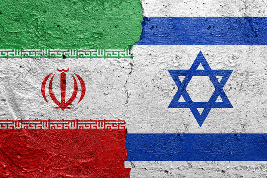 Iran and Israel flag on broken concrete wall background