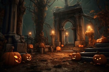 Spooky Halloween scene featuring candlelit tombstones and pumpkin decor. Generative AI