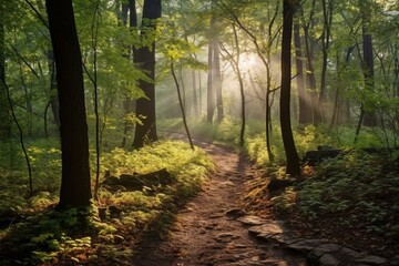 The sunlight filters through the foliage along a pathway in the woods. Generative AI
