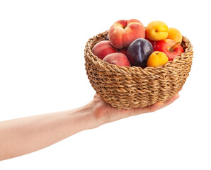 fruit mix basket in hand path isolated on white