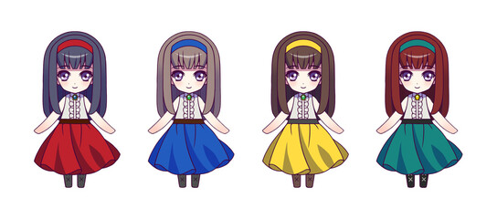 Anime style girls character illustration set