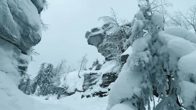 Stone Town in winter in the Perm region. Frozen snow-covered winter forest, deeply covered with snow in sunlight. Forest in the snow. Snowy winter. Trees in the snow in the Stone City. Russia. 4К