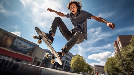 A young adult dexterous skater is jumping