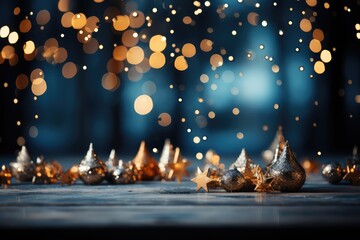 Christmas decorations on a wooden table with bokeh lights in the background. A Cozy dark blue Christmas Background with Bokeh Lights and Christmas Tree. 