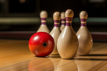 Bowling strike with ball knocking down pins in a simulated bowling alley. Generative AI - obrazy, fototapety, plakaty