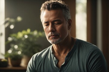 Close-up of Middle-aged man peacefully meditates at home, closing his eyes to relax his body and mind in the living room, promoting mental well-being and stress-free self-care.