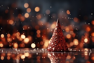 Christmas tree made of red glass on bokeh background. A Cozy Crimson Christmas Background with Bokeh Lights and Christmas Tree.  - obrazy, fototapety, plakaty