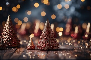 Christmas tree decoration on bokeh background. New year concept. A Cozy Crimson Christmas Background with Bokeh Lights and Christmas Tree. 