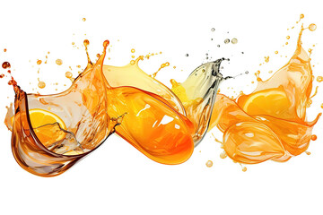 A splash of orange, yellow clear liquid. 3d illustration, 3d rendering, honey, splash, background, texture, watercolor, 3d, isolated, illustration, white, paint, transparent background. AI Generated