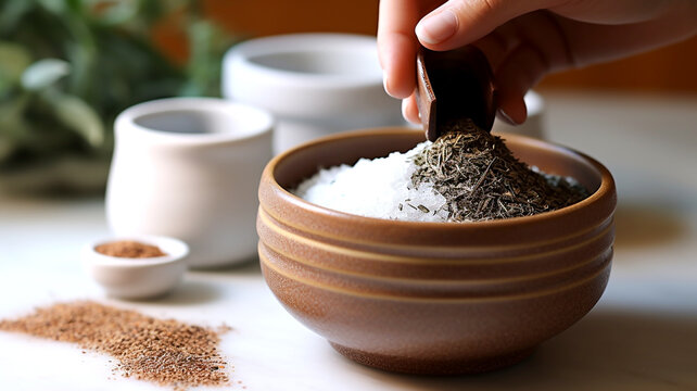 Explore the world of aromatic spices as a hand expertly grinds them in a mortar in a close-up view.