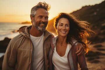 Loving middle aged couple during outdoor walking on the evening beach during sunset - obrazy, fototapety, plakaty