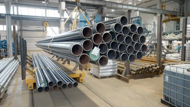 Huge crane transporting the heavy metal pipes at the production plant. Crane machinery lifting up the stack of heavy pipes. Crane equipment moving the heavy pipes to the manufacturing line.