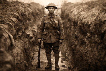 World war one British soldier standing in a trench looking towards the camera.  - obrazy, fototapety, plakaty