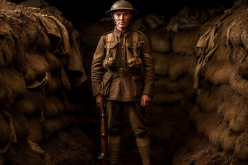 World war one british soldier in a trench.  - obrazy, fototapety, plakaty