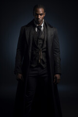 Fototapeta premium Mysterious african american man dress in dark victorian clothing, 