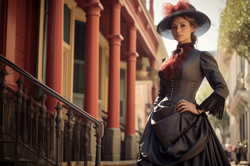 Obraz premium Beautiful woman dressed in victorian clothing in a new Orleans style or american colonial style environment. 