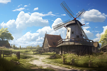 Illustration of a traditional windmill in the Netherlands.  - obrazy, fototapety, plakaty