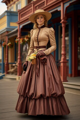Fototapeta na wymiar Beautiful woman dressed in victorian clothing in a new Orleans style or american colonial style environment. 