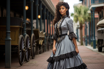 Beautiful woman dressed in victorian clothing in a new Orleans style or american colonial style...